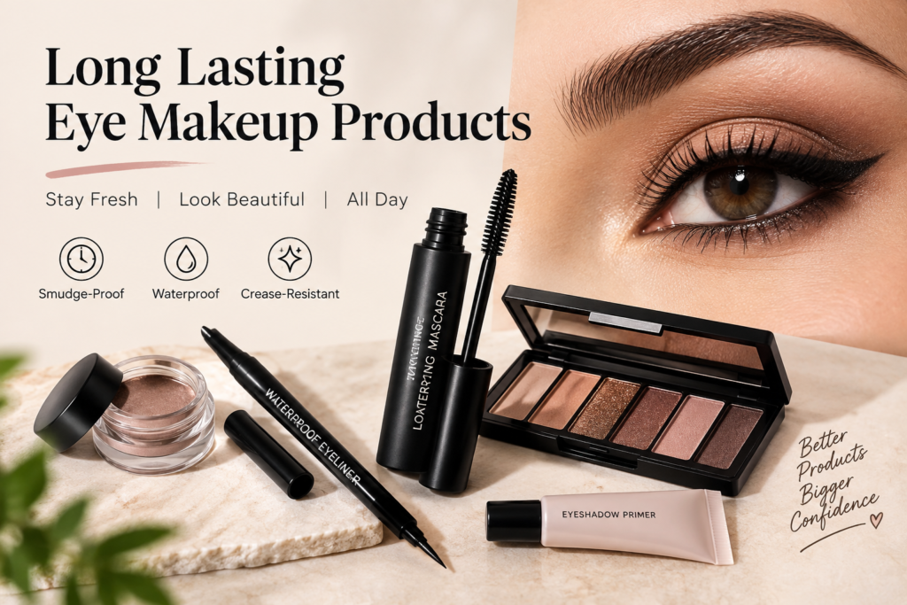 Alt text: Long lasting makeup products featuring waterproof mascara, eyeshadow palette, eyeliner, and eyeshadow primer for smudge-proof, all-day eye makeup.